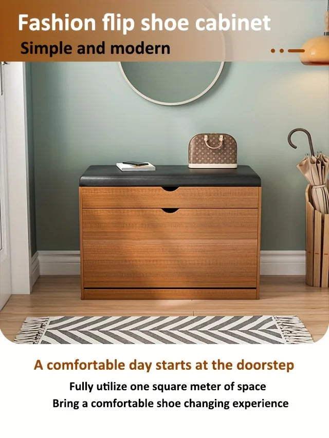 Wooden Shoe Bench with Storage | 3-Tier Shoe Rack, Cushioned Seat & Hidden Cabinet | Space-Saving Entryway Organizer for Home