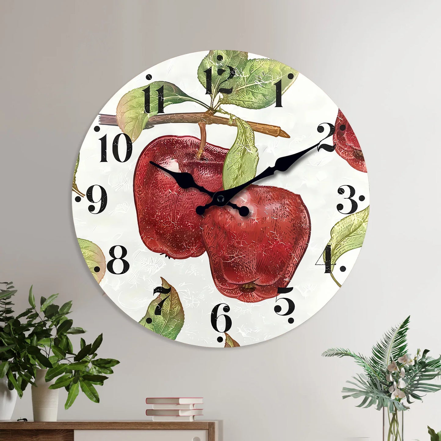 Apple Pattern Wooden Wall Clock on Personalized Branches Living Room Bedroom Kitchen Home Decoration Wall Clock Silent Quartz Clock Holiday Gift 10 Inches 12 Inches 14 Inches 16inch (Without Batteries)