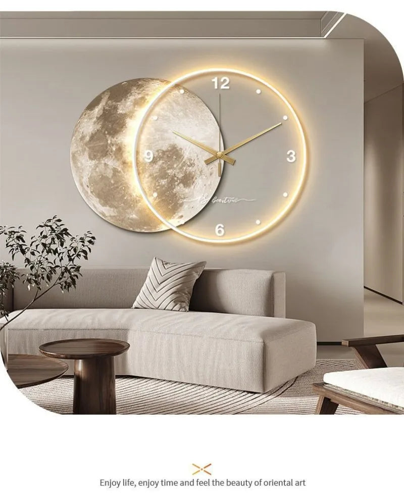 Large Dining Room Living Room Wall Clock Luxury Moon The Earth Modelling LED Light Silent Movement  Bedroom Wall Decoration Gift