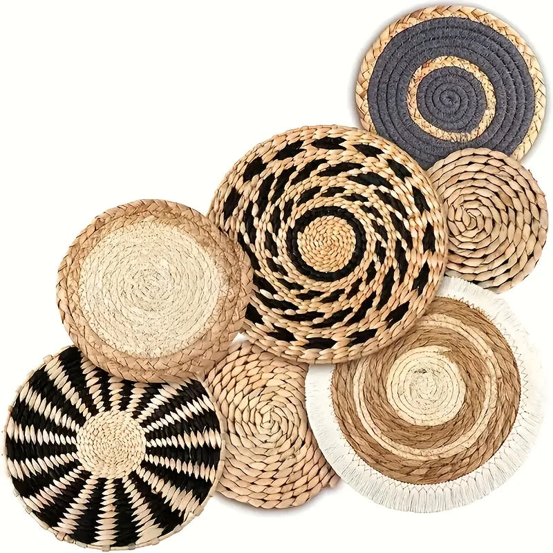 Bohemian Woven Wall Hanging, Handmade Rattan Circle Decor, Macrame Leaf Art for Living Room Bedroom