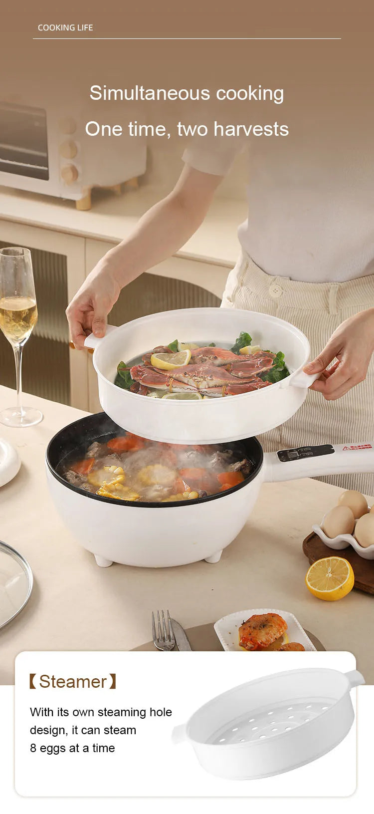 DMWD 3L Multi-function Electric Stir-fry Meal Wok Non-Stick Frying Pan Food Steamer Smart Smoke-free Hot Pot Stew Cooking Heater