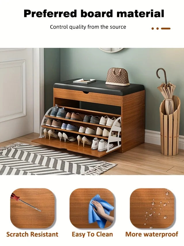 Wooden Shoe Bench with Storage | 3-Tier Shoe Rack, Cushioned Seat & Hidden Cabinet | Space-Saving Entryway Organizer for Home