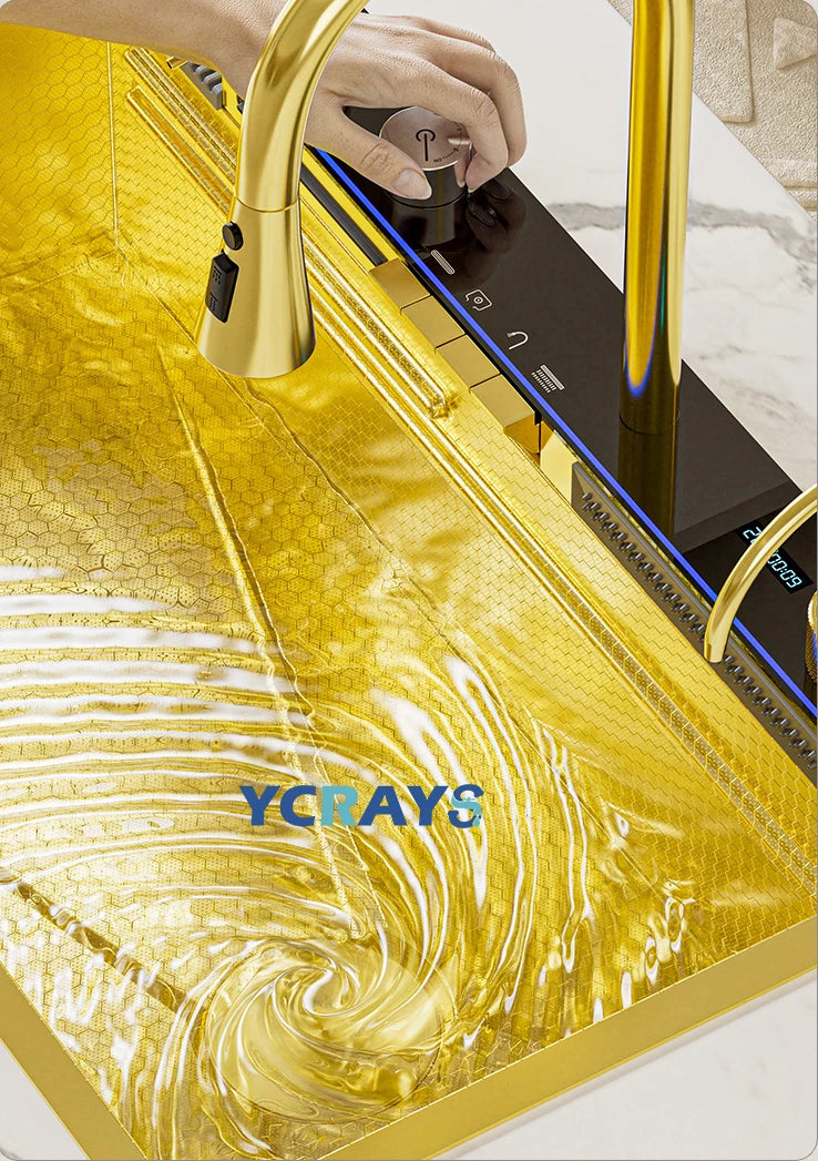 YCRAYS Gold Waterfall Multifunctional Kitchen Sink Large Single Slot Integrated Digital Display Faucet Soap Dispenser Cup Washer