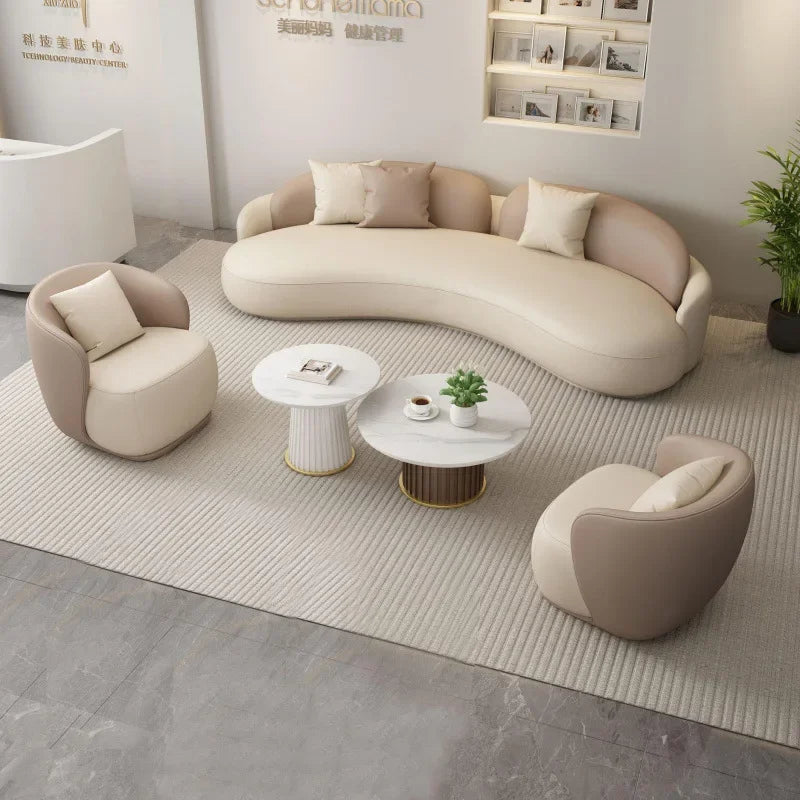 Hotel Sofa, Light Luxury Curved Leather Art Sofa, Cat Scratch Leather, Beauty Salon Rest Set, Sofa and Coffee Table Combination