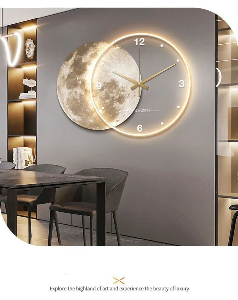 Large Dining Room Living Room Wall Clock Luxury Moon The Earth Modelling LED Light Silent Movement  Bedroom Wall Decoration Gift
