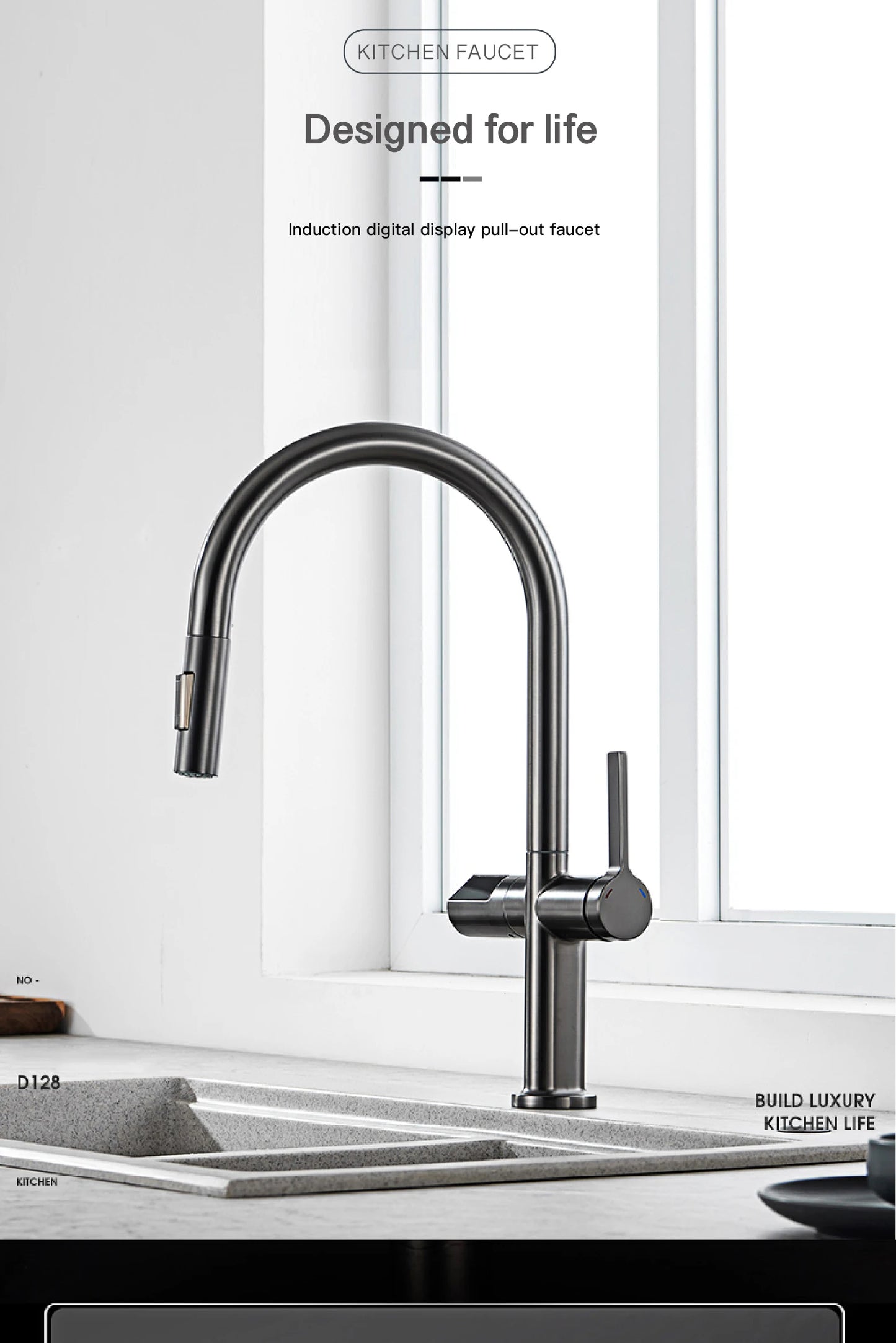 Luxury brass gun gray kitchen faucet LED digital sensing design single handle hot & cold water pull-out type 2-function sink Tap
