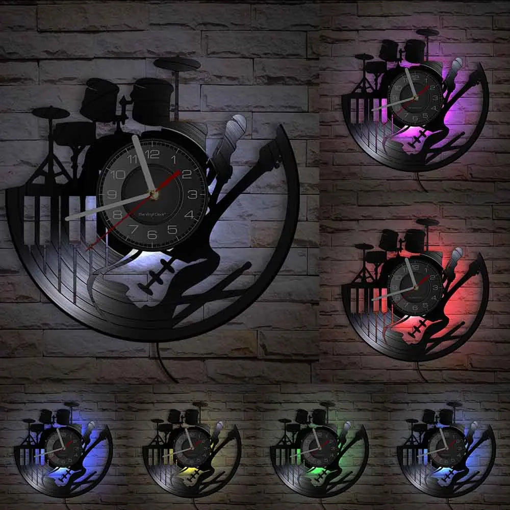 Guitar and Drum Kits Wall Clock Guitar Player Music Vinyl Record Clock Rock Music Instrument Guitar Wall Art Rock n Rock Gift