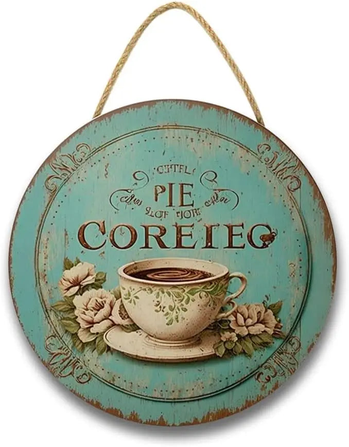 Coffee Themed Wall Decor - Blue & White Shabby Chic Wooden Sign, Rustic Coffee Cup Hanging Plaque for Kitchen & Dining Room