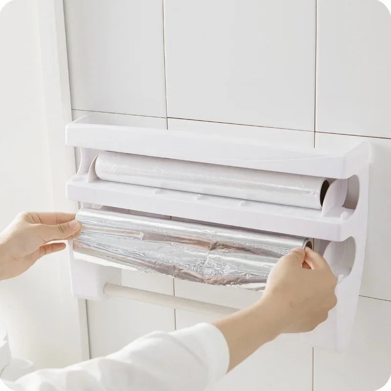 4in1 Plastic Aluminum Foil Dispenser Tissue Spice Storage As Sorting Rack Fresh-keeping Film Cutting Supplies Kitchen Accessorie