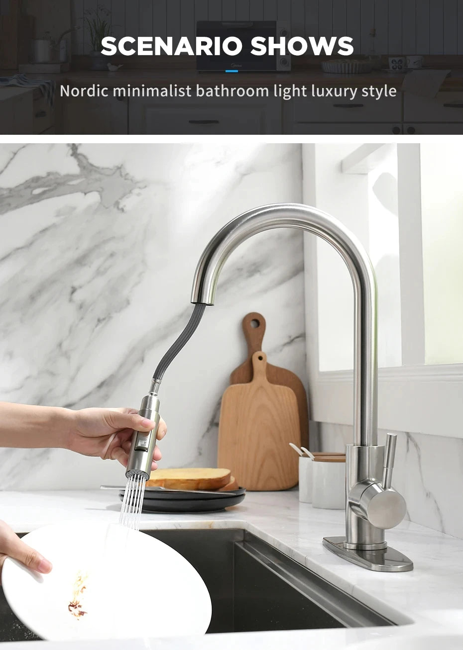 304 brushed kitchen faucet, black surface faucet, kitchen sink faucet, pull-out kitchen faucet, single hole faucet