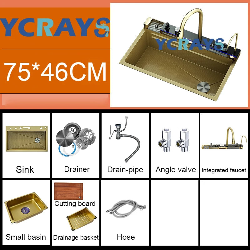 YCRAYS Gold Waterfall Multifunctional Kitchen Sink Large Single Slot Integrated Digital Display Faucet Soap Dispenser Cup Washer