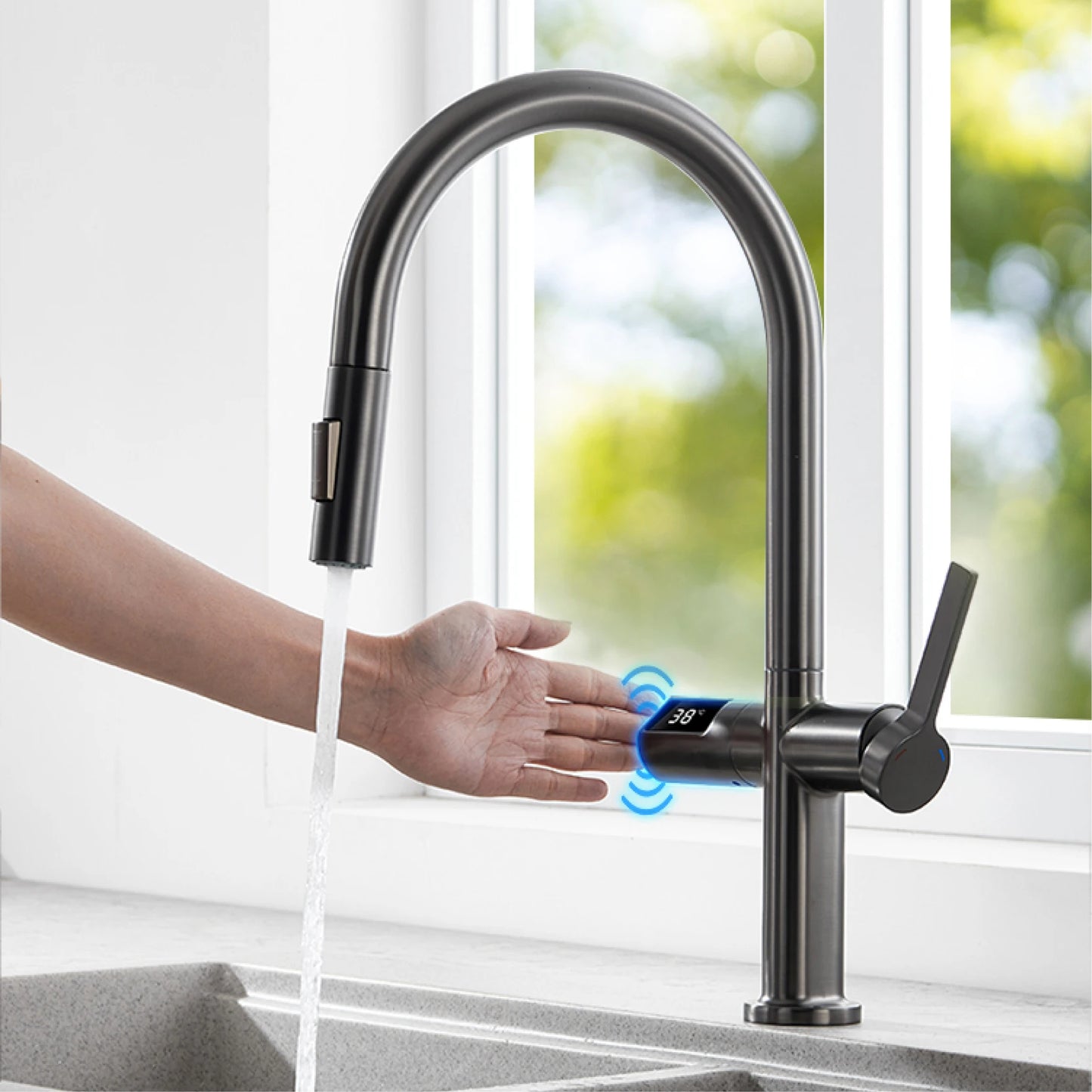 Luxury brass gun gray kitchen faucet LED digital sensing design single handle hot & cold water pull-out type 2-function sink Tap
