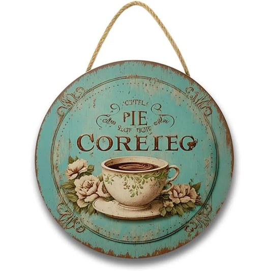 Coffee Themed Wall Decor - Blue & White Shabby Chic Wooden Sign, Rustic Coffee Cup Hanging Plaque for Kitchen & Dining Room