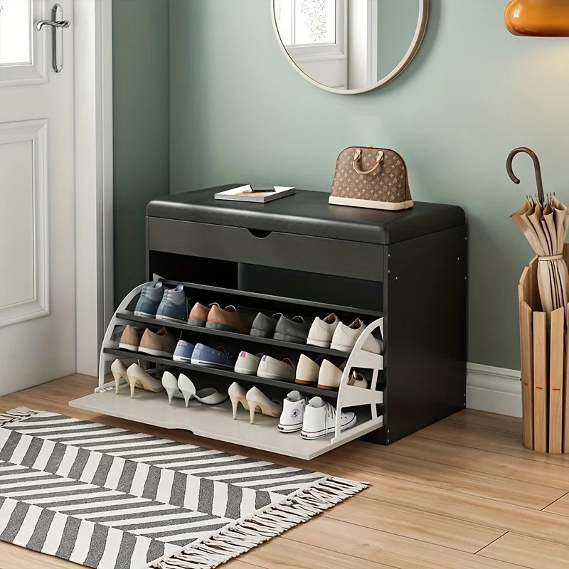 Wooden Shoe Bench with Storage | 3-Tier Shoe Rack, Cushioned Seat & Hidden Cabinet | Space-Saving Entryway Organizer for Home