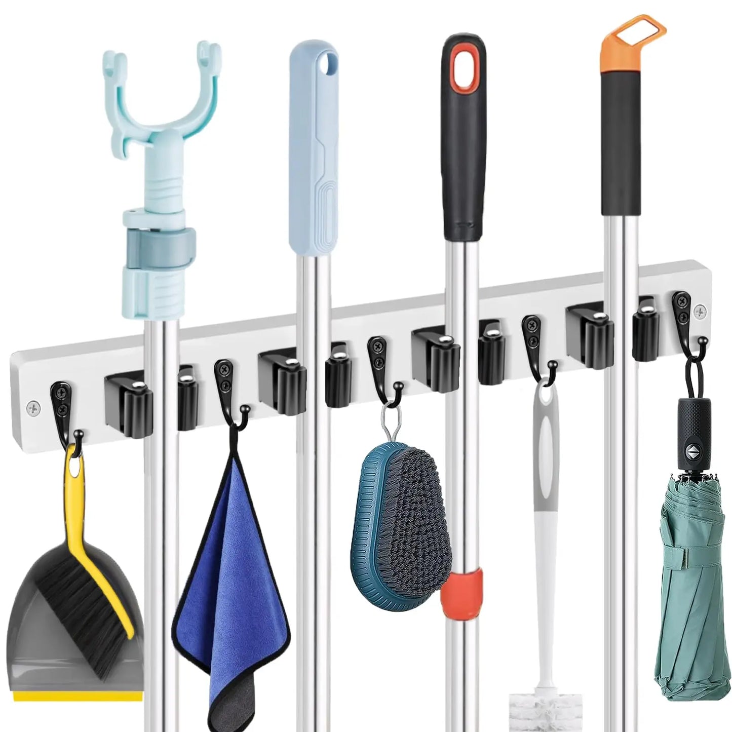 Rustic Wood Broom Mop Holder Hanger Wall Mounted Garden Tool Rack Organizer With 4 Slots 4 Hooks For Garage Laundry Room