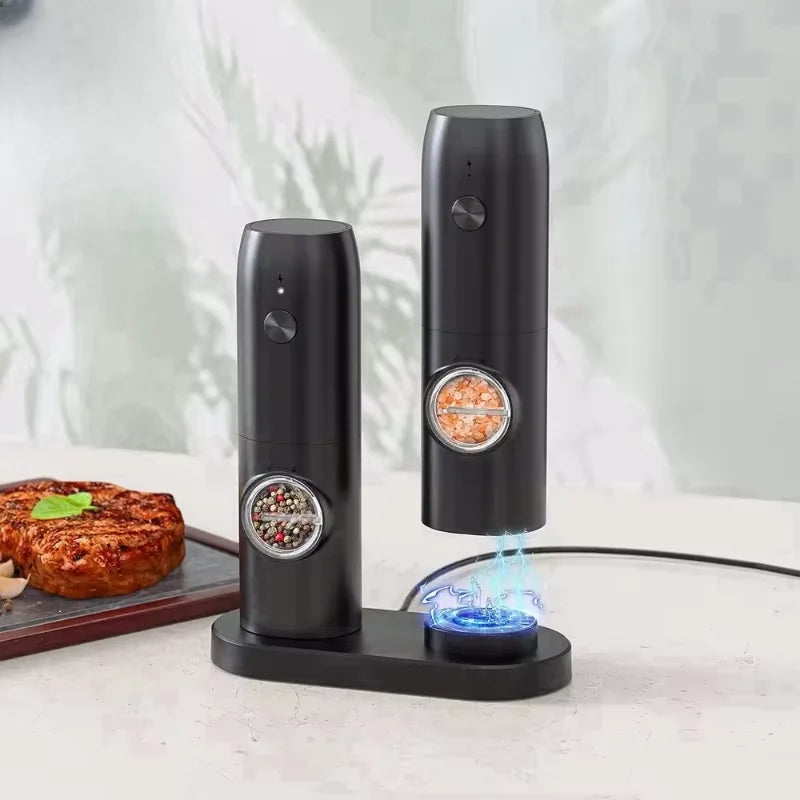 Electric Salt and Pepper Grinder Set with Charging Base and LED Light Adjustable Coarseness Automatic Spice Herb Mill