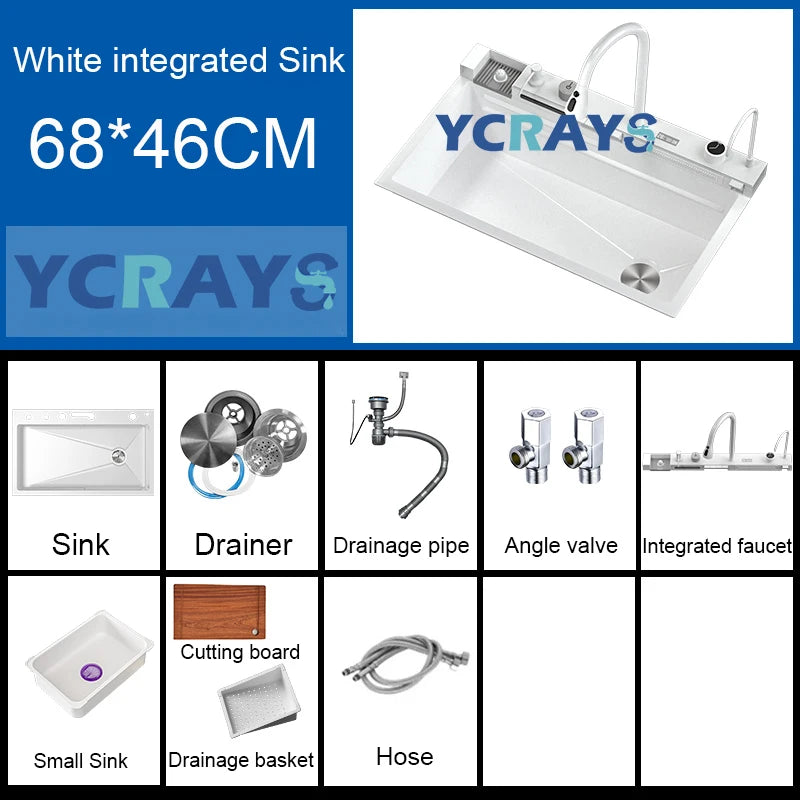 YCRAYS Gold Waterfall Multifunctional Kitchen Sink Large Single Slot Integrated Digital Display Faucet Soap Dispenser Cup Washer