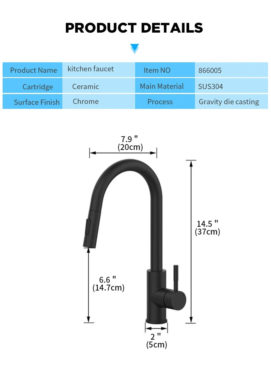 304 brushed kitchen faucet, black surface faucet, kitchen sink faucet, pull-out kitchen faucet, single hole faucet