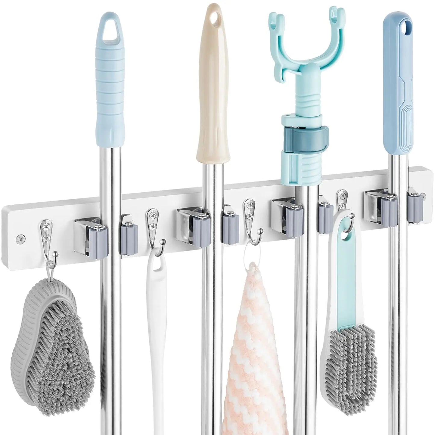 Rustic Wood Broom Mop Holder Hanger Wall Mounted Garden Tool Rack Organizer With 4 Slots 4 Hooks For Garage Laundry Room