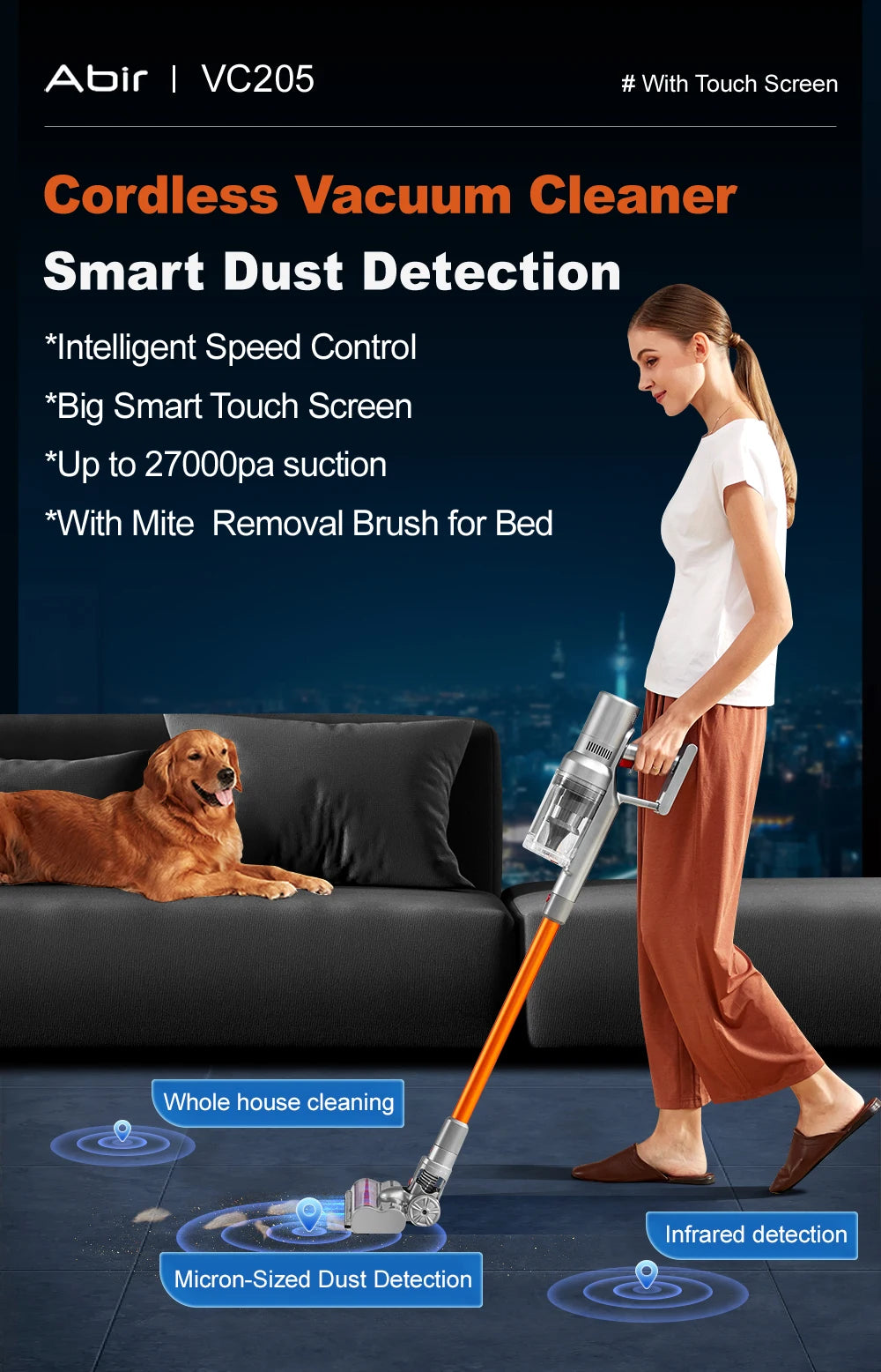 ABIR VC205 Cordless Handheld Vacuum Cleaner ,27000PA,Smart Dust Detction, Big Touch Screen,WithSmart Vacuum for Pet Home
