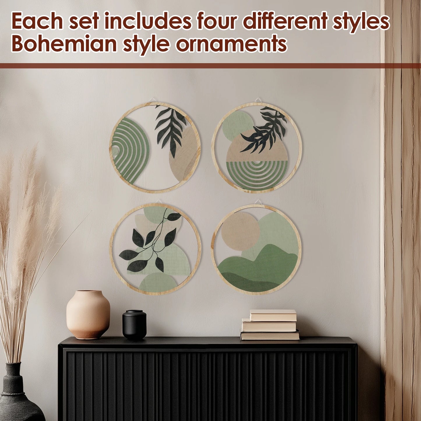 4Pcs Wood Wall Decor Hanging Wall Art Decorative Bohemian Home Decoration Nursery Wall Art Round Shape for Living room Bedroom