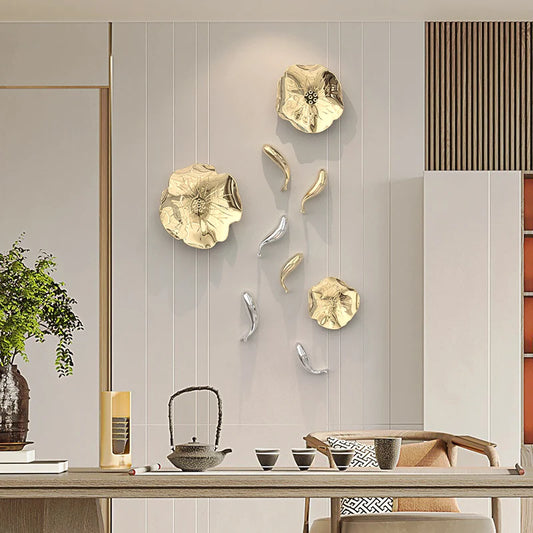 Stereo Resin Background Wall Decoration Carp Fish Lotus Leaf  Gold Wall Pendant Chinese Bionics Home Decoration Accessories