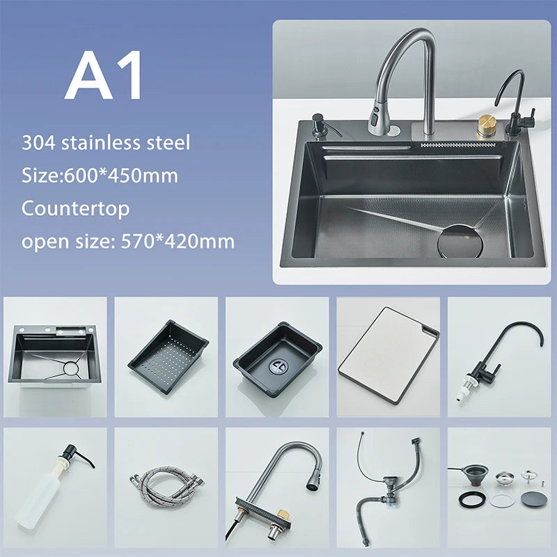 304 Stainless Steel Waterfall Kitchen Sink Sink Large Single basin With Large Single Slot Sink Above Counter With Cup Disher
