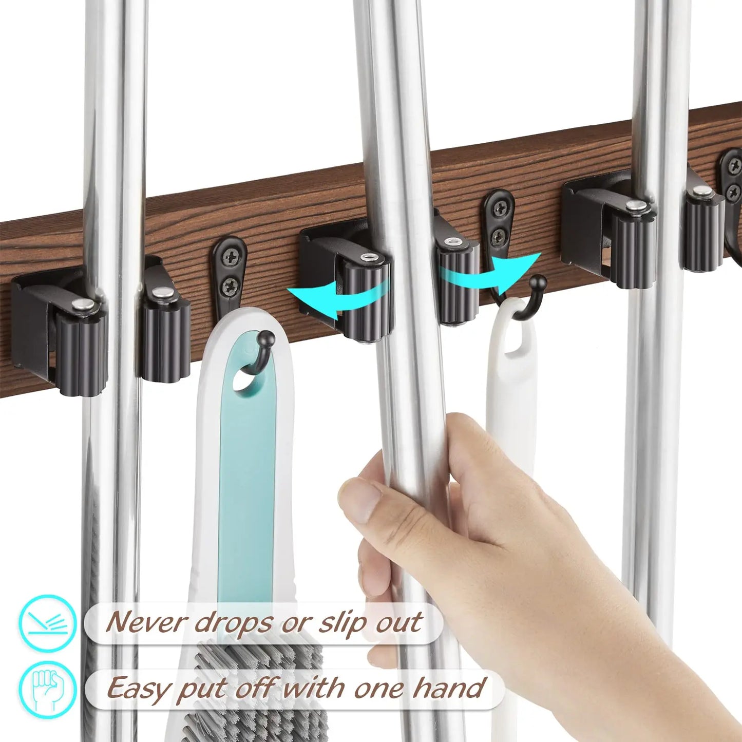 Rustic Wood Broom Mop Holder Hanger Wall Mounted Garden Tool Rack Organizer With 4 Slots 4 Hooks For Garage Laundry Room
