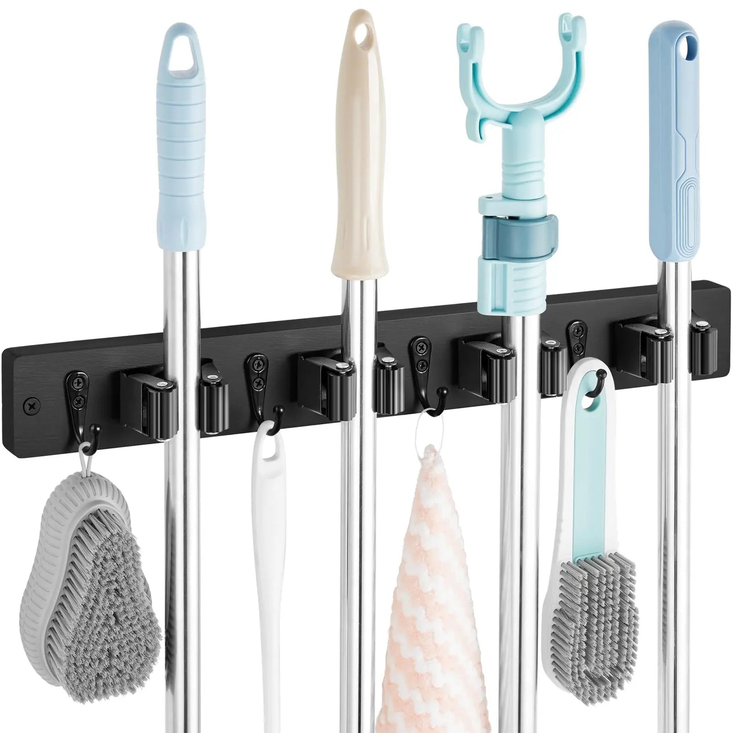 Rustic Wood Broom Mop Holder Hanger Wall Mounted Garden Tool Rack Organizer With 4 Slots 4 Hooks For Garage Laundry Room