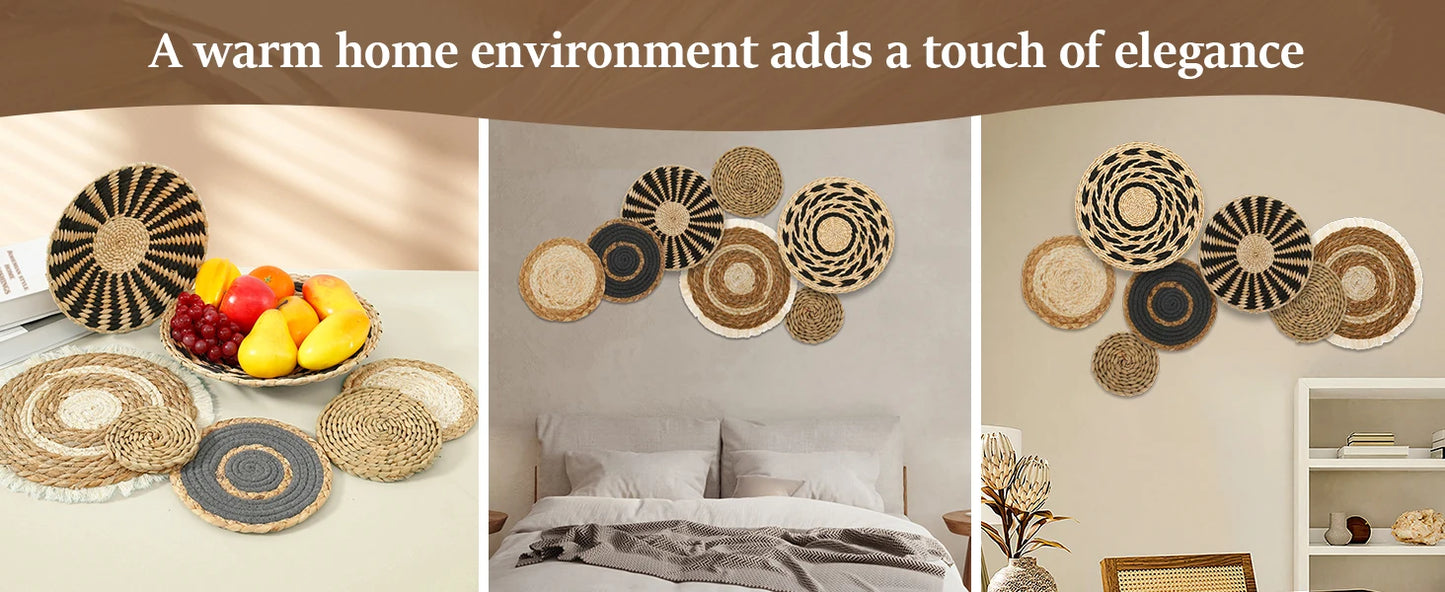 7 Pack Boho Wall Basket Decor, Hanging Woven Wall Basket Decor, Seagrass Rattan Wicker Boho Wall Decor, Round Wall Art