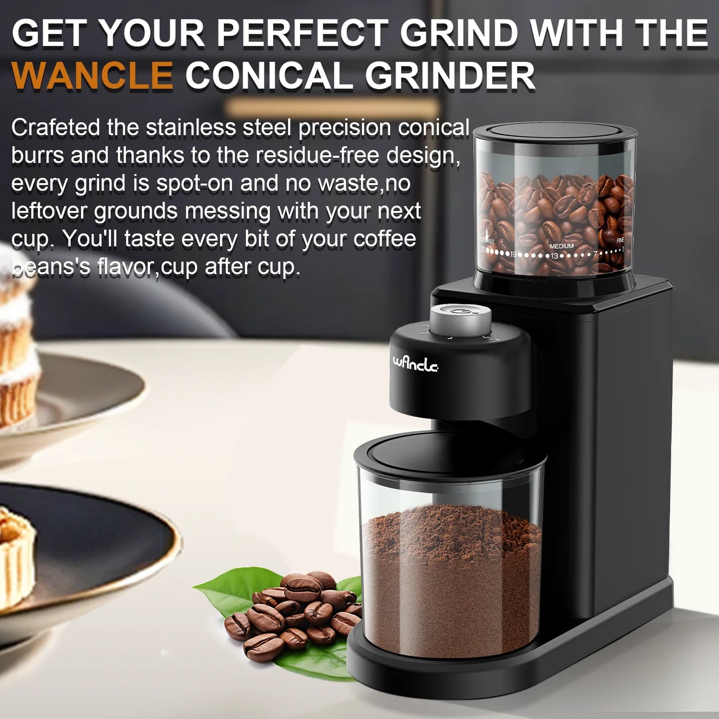 Coffee Bean Grinder Automatic Conical Burr Grinder 25 Precise Grindings with Powder Blower for Espresso French Coffee 2-12 Cups