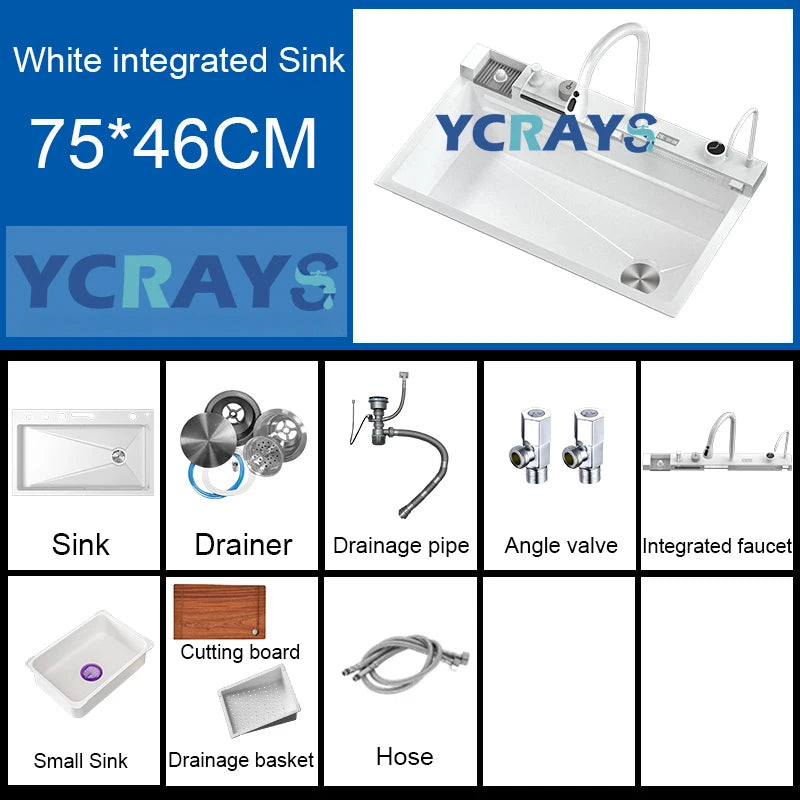 YCRAYS Gold Waterfall Multifunctional Kitchen Sink Large Single Slot Integrated Digital Display Faucet Soap Dispenser Cup Washer