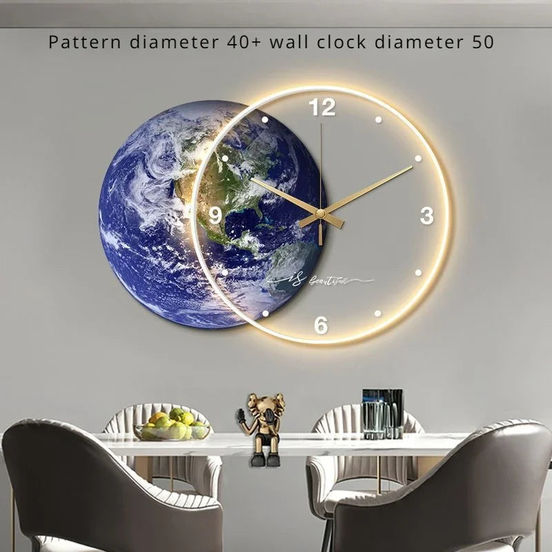Large Dining Room Living Room Wall Clock Luxury Moon The Earth Modelling LED Light Silent Movement  Bedroom Wall Decoration Gift