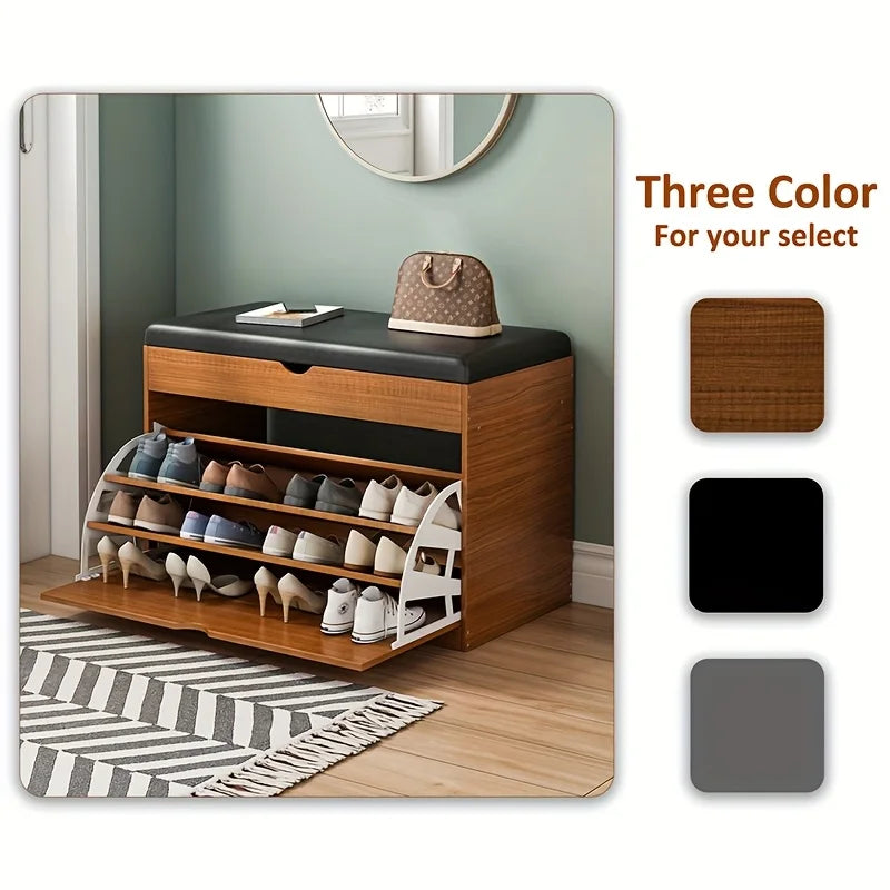 Wooden Shoe Bench with Storage | 3-Tier Shoe Rack, Cushioned Seat & Hidden Cabinet | Space-Saving Entryway Organizer for Home