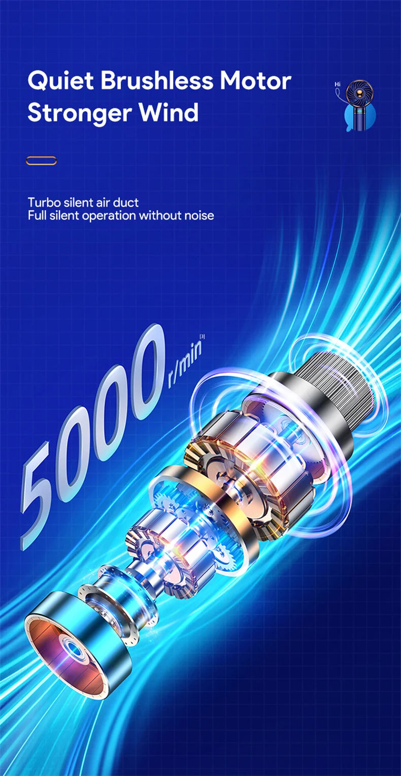5000mAh Recharge Portable Fan Handheld Mini Fan USB Hand Hold Small Pocket Fan with Data Disply Table Stand Home Air Conditioner