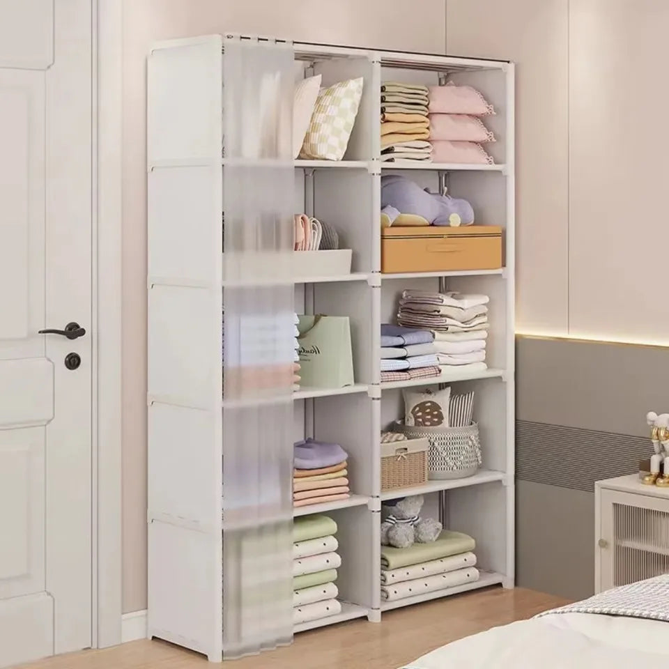 Multifunctional Dustproof Cabinet Easy Assembly Portable Clothes Organizer Cabinet with Curtains  Multipurpose She Book Holder