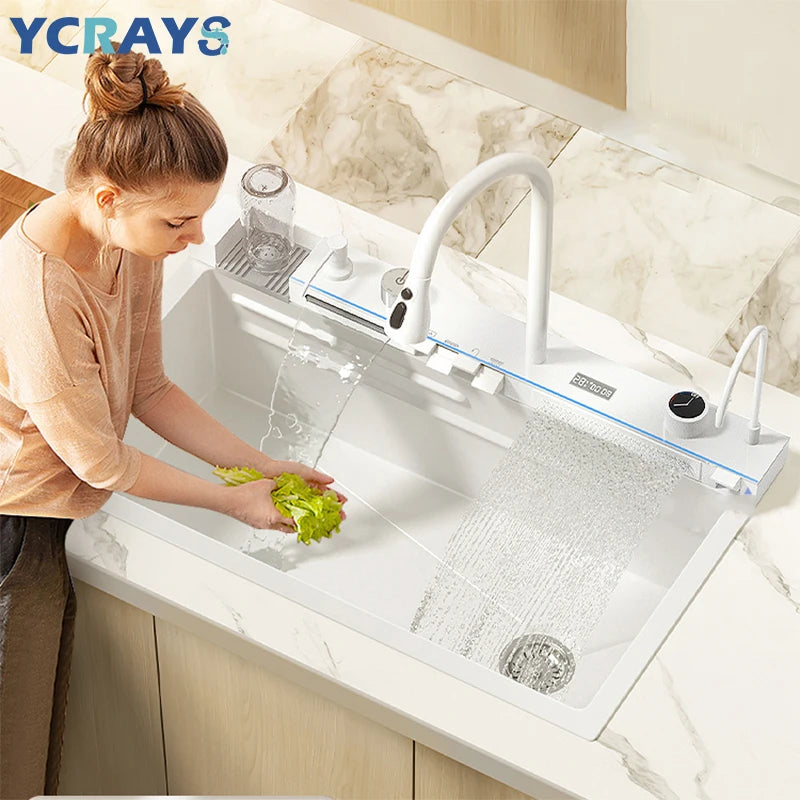 YCRAYS Gold Waterfall Multifunctional Kitchen Sink Large Single Slot Integrated Digital Display Faucet Soap Dispenser Cup Washer