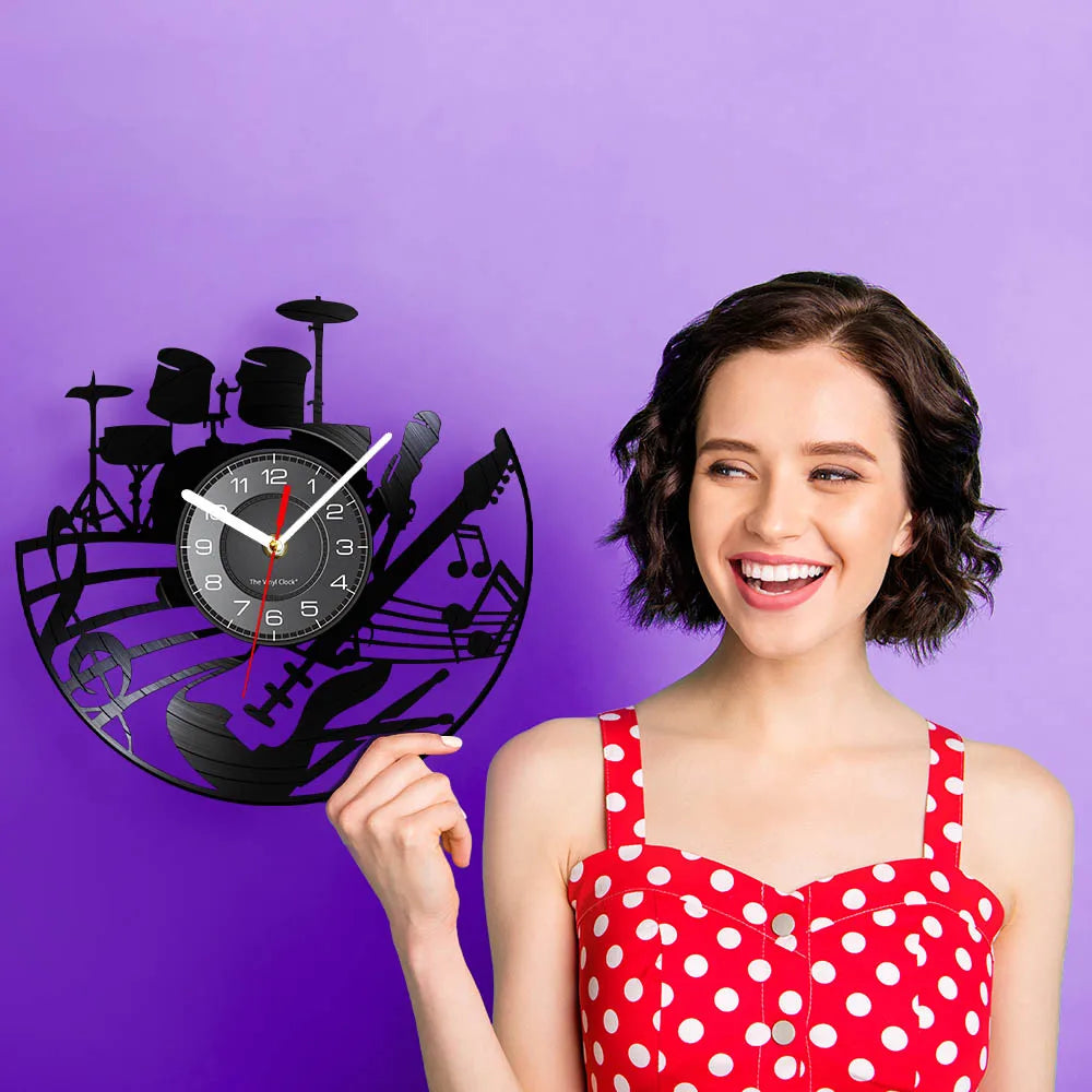 Guitar and Drum Kits Wall Clock Guitar Player Music Vinyl Record Clock Rock Music Instrument Guitar Wall Art Rock n Rock Gift