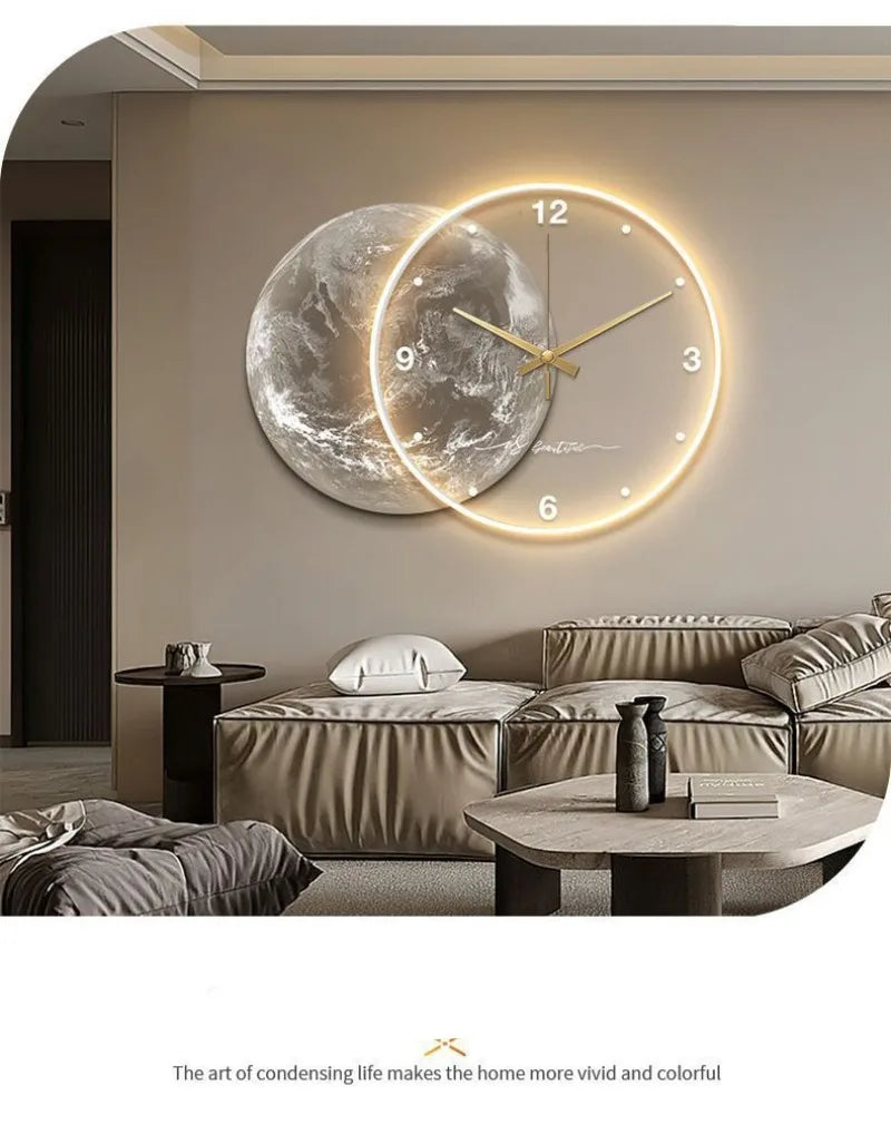 Large Dining Room Living Room Wall Clock Luxury Moon The Earth Modelling LED Light Silent Movement  Bedroom Wall Decoration Gift