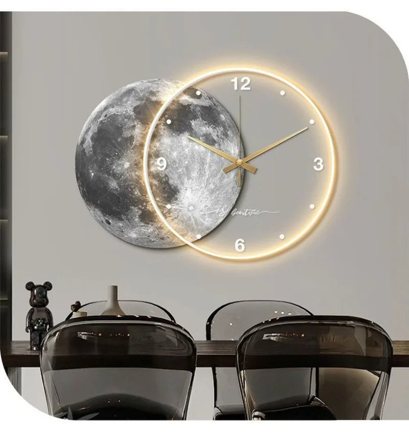 Large Dining Room Living Room Wall Clock Luxury Moon The Earth Modelling LED Light Silent Movement  Bedroom Wall Decoration Gift