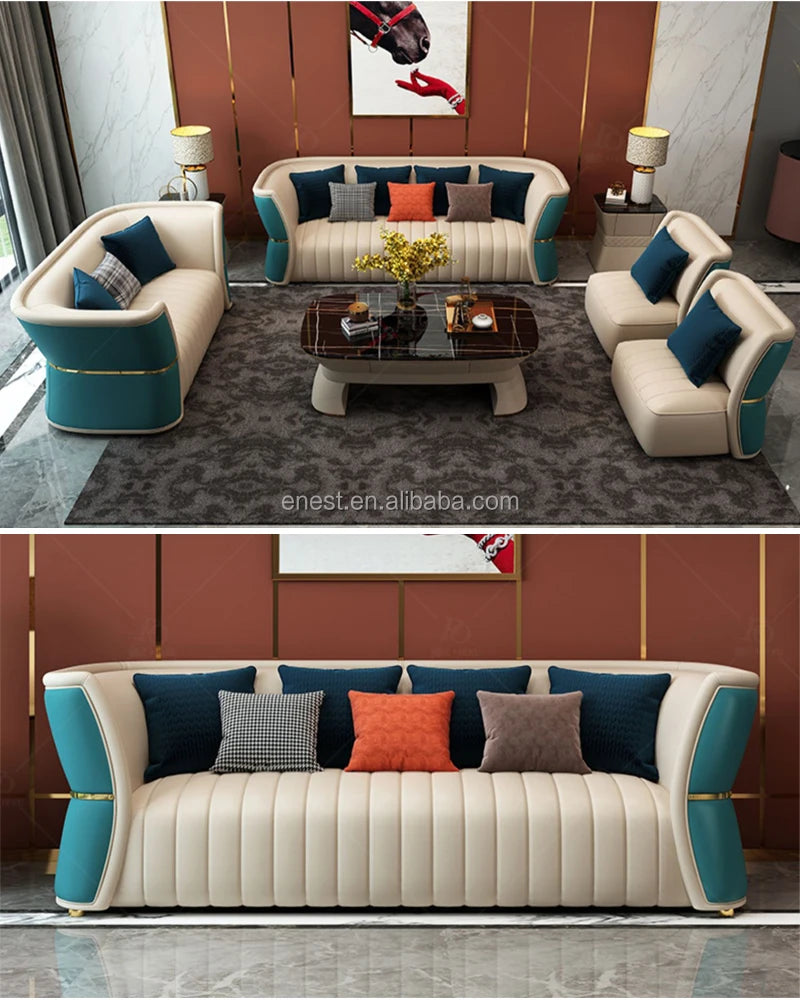 Modern European Style Luxury Villa Living Room Leather Sofa Set With Coffee Table TV Stand Furniture