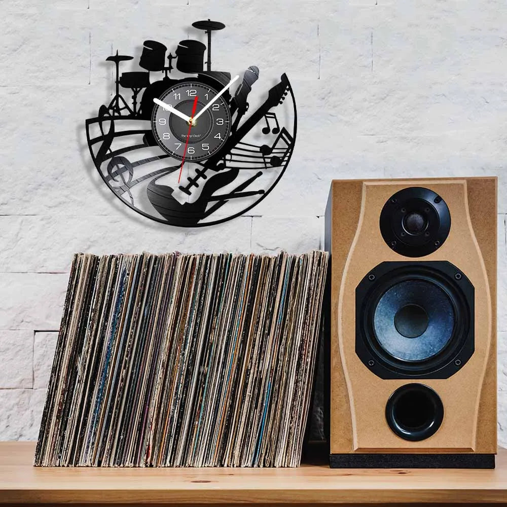 Guitar and Drum Kits Wall Clock Guitar Player Music Vinyl Record Clock Rock Music Instrument Guitar Wall Art Rock n Rock Gift