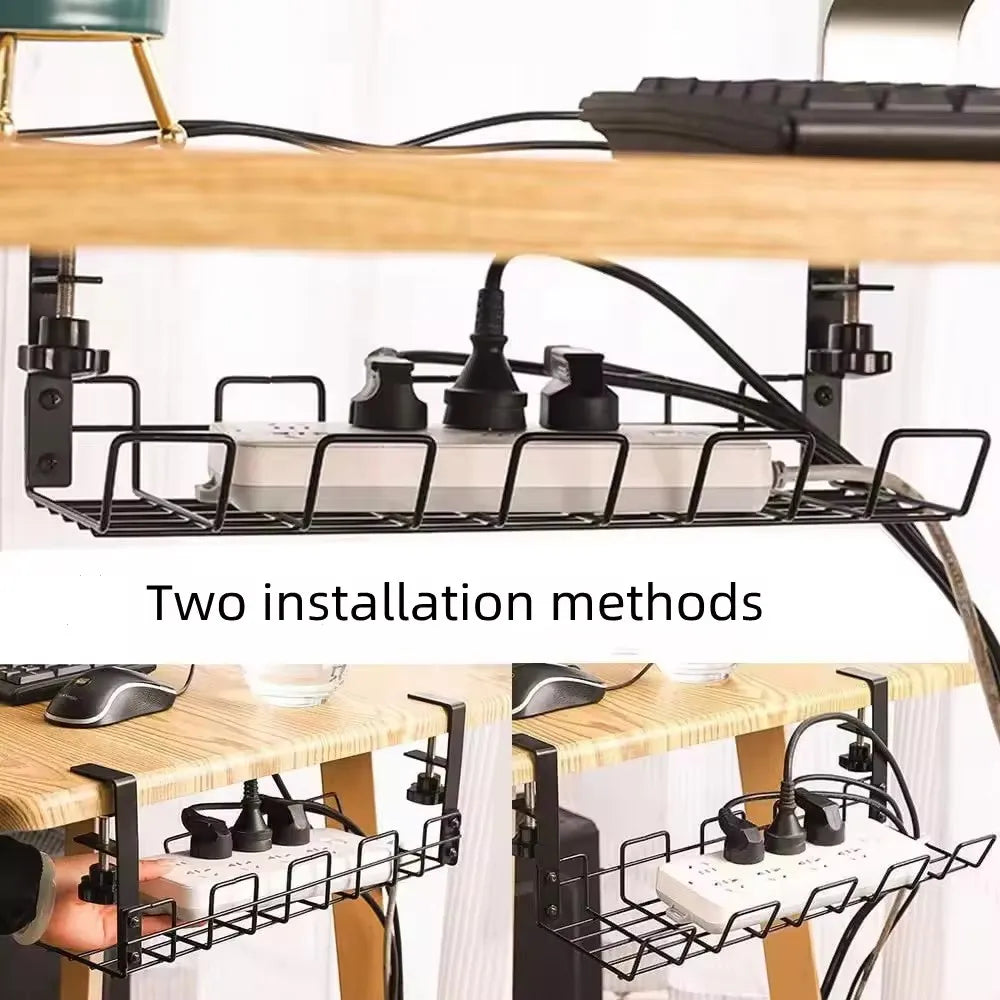 Under Table Storage Rack Metal Cable Management Tray Home Office Desk Wire Organizer No Punching Kitchen Storage Accessories