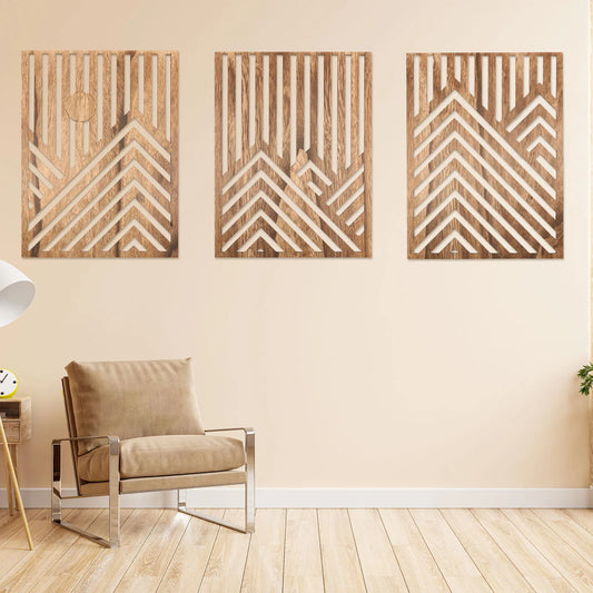 3Pcs Wood Wall Art Wood Wall Sculpture Decor Openwork Wood Wall Ornament Easy to Hang Timber Wall Artwork for Living Room