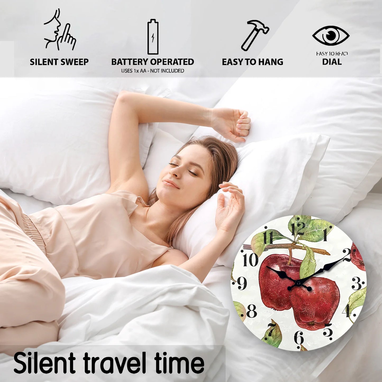 Apple Pattern Wooden Wall Clock on Personalized Branches Living Room Bedroom Kitchen Home Decoration Wall Clock Silent Quartz Clock Holiday Gift 10 Inches 12 Inches 14 Inches 16inch (Without Batteries)
