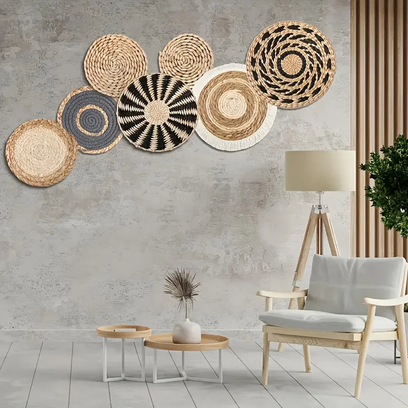 Bohemian Woven Wall Hanging, Handmade Rattan Circle Decor, Macrame Leaf Art for Living Room Bedroom