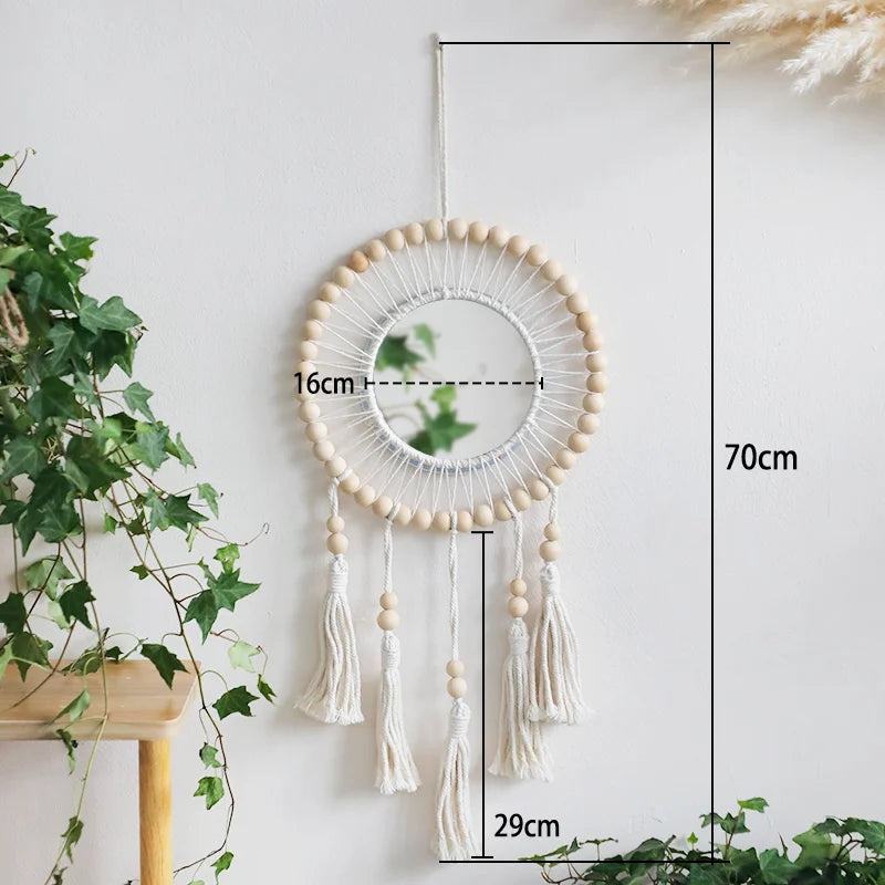 Wall Mirror Macrame Wooden Beads Decorative Mirrors Boho Home Decoration Room Decors Aesthetic Wall Art For Living Room Bedroom