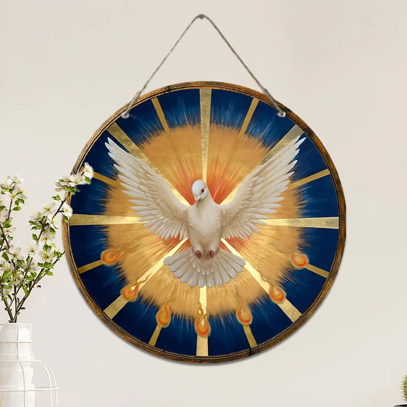 Dove on Blue Background Festive Wall Decoration Art Holiday Room Decoration Kitchen Garden1 Piece Wooden Disc Hanging 20cm