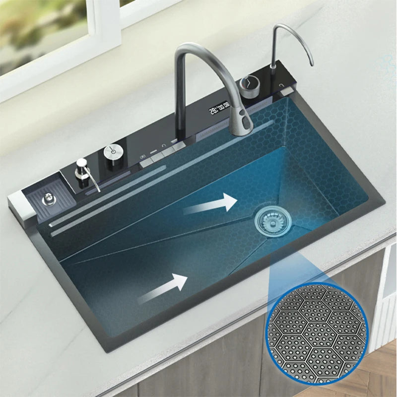 YCRAYS Gold Waterfall Multifunctional Kitchen Sink Large Single Slot Integrated Digital Display Faucet Soap Dispenser Cup Washer