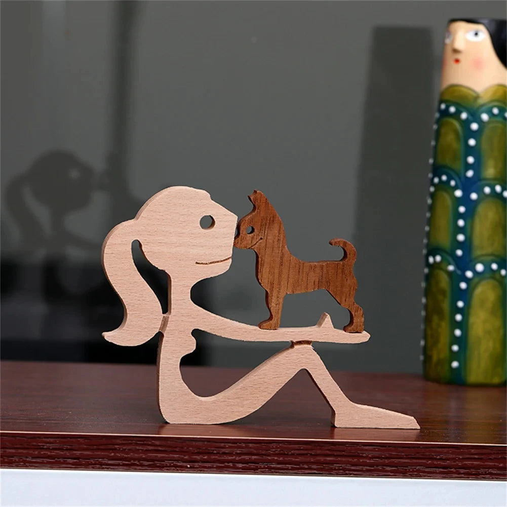 Wooden Dog And Human Craft Figurin Creative 3D Home Office Decoration Man Statue Wood Toy Desk ECO Friendly Free Shipping